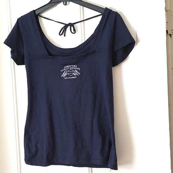 HARLEY-DAVIDSON WOMEN BLUE SHORT SLEEVE TIEBACK JAMESTOWN, CA SIZE XL TEE SHIRT - Picture 1 of 8